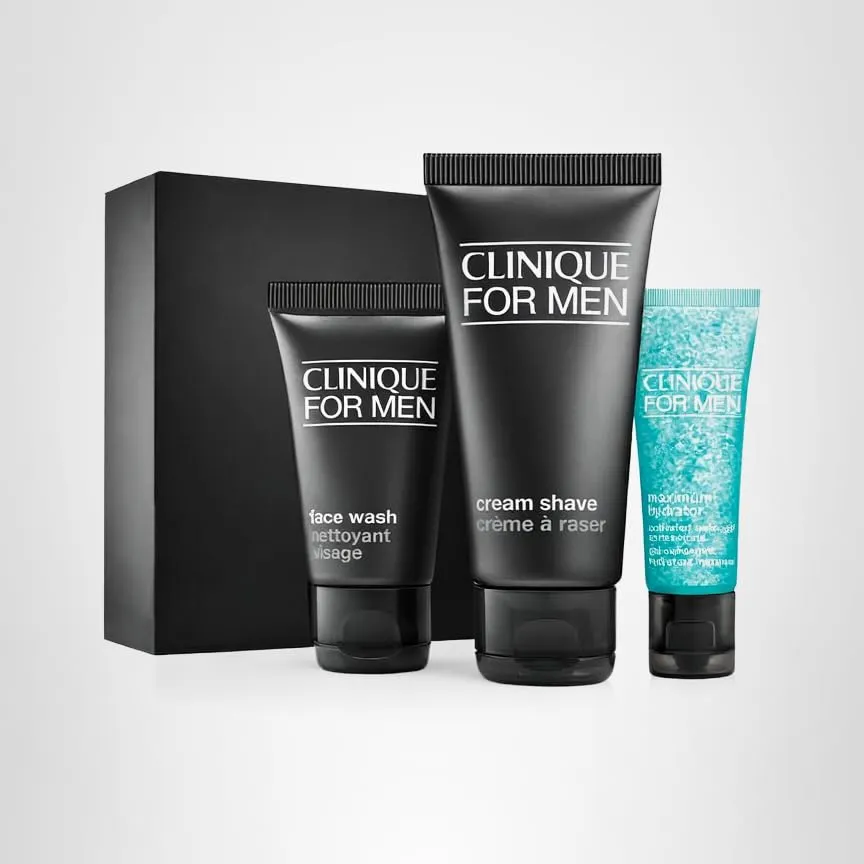 Clinique For Men Starter Kit Gift Set For Daily Intense Hydration | Face Wash, Cream Shave, Maximum Hydrator Activated Water Gel Concentrate | Includes 3 Travel Size Pieces | Perfect for Him