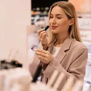A young makeup artist puts lipstick on her lips and chooses cosmetics at a cosmetics store in a shopping mall. Attractive blonde woman selecting beauty products and trying makeup at cosmetic store in shopping mall. She is testing different cosmetics while shopping for personal care items. Beauty consumerism concept.