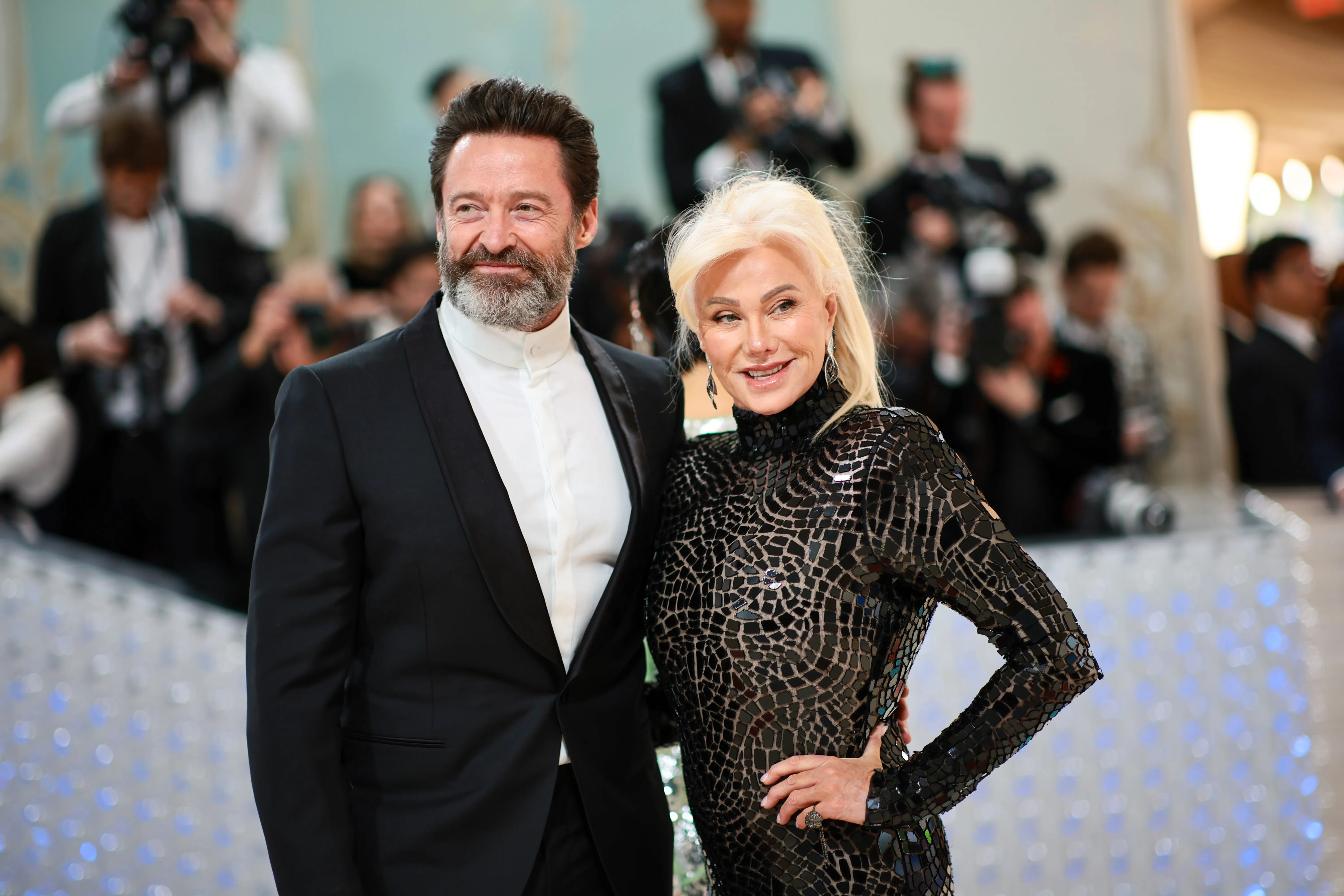 Hugh Jackman and Deborra-Lee Furness posing at the 2023 Met Gala.