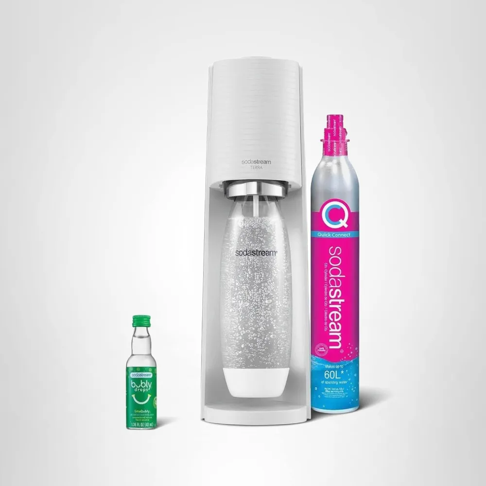 SodaStream Terra Sparkling Water Maker in sleek white design.
