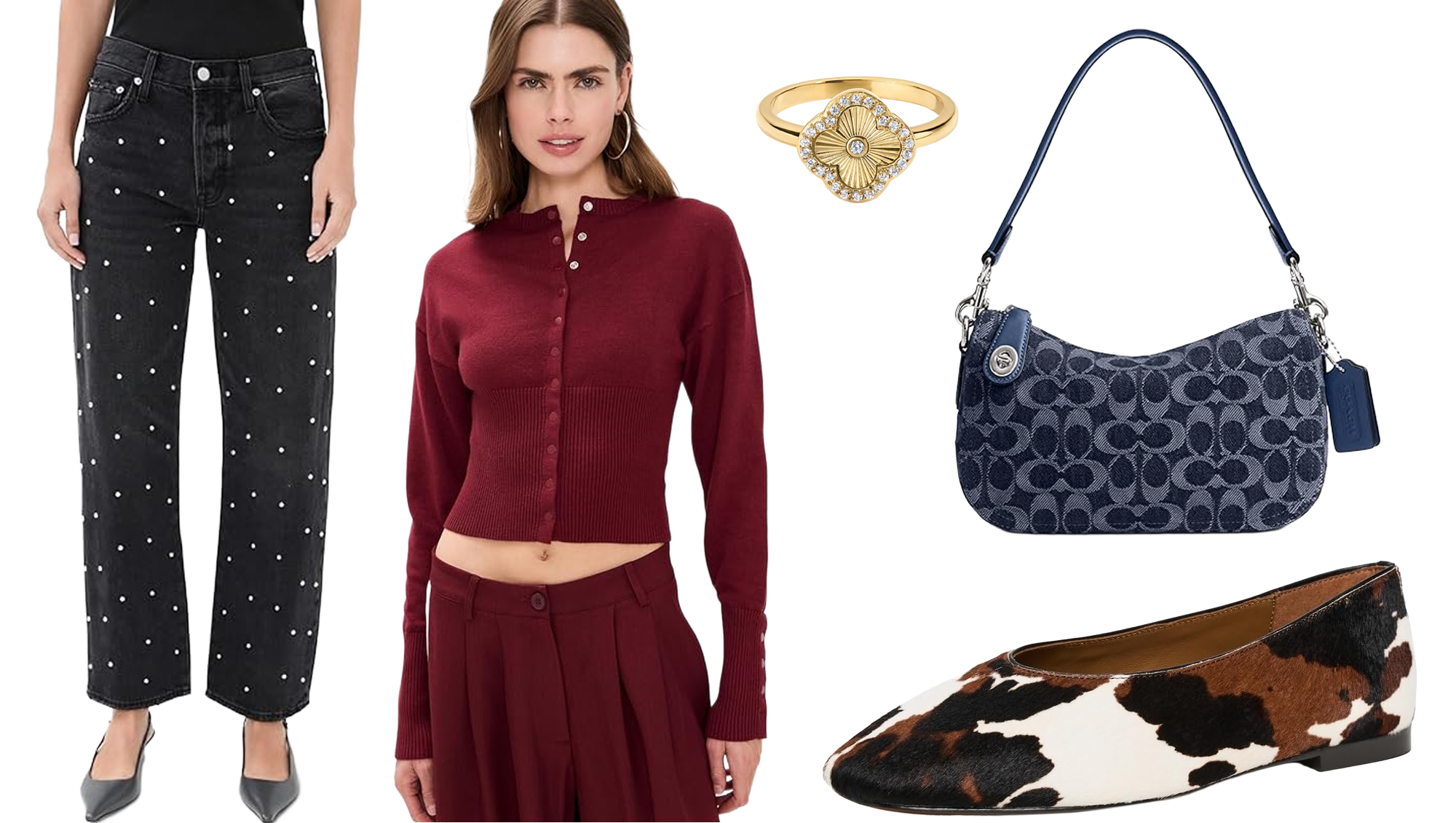 black jeans, burgundy sweater, gold ring, coach denim bag and cow print flats