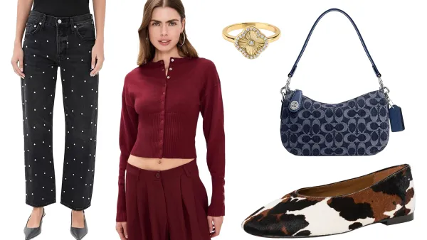 black jeans, burgundy sweater, gold ring, coach denim bag and cow print flats