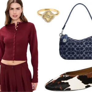 black jeans, burgundy sweater, gold ring, coach denim bag and cow print flats