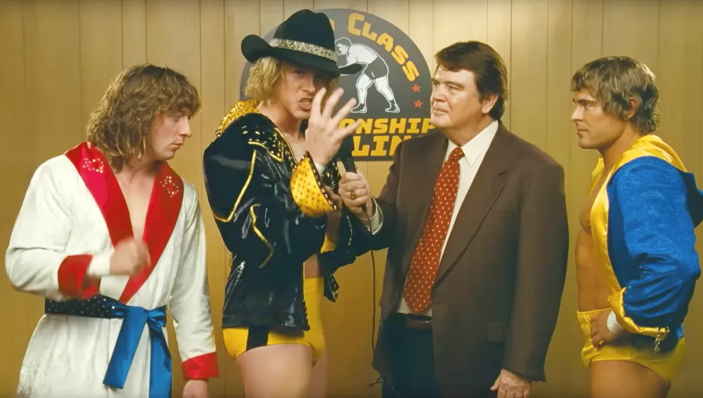 Jeremy Allen White (left), Harris Dickinson (pointing), Zac Efron in The Iron Claw