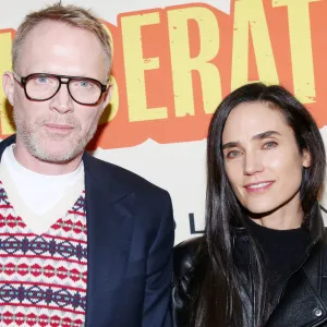 NEW YORK, NEW YORK - OCTOBER 28: Paul Bettany and Jennifer Connelly pose at the opening night of the new play "Liberation" on Broadway at The James Earl Jones Theater on October 28, 2025 in New York City. (Photo by Bruce Glikas/WireImage)