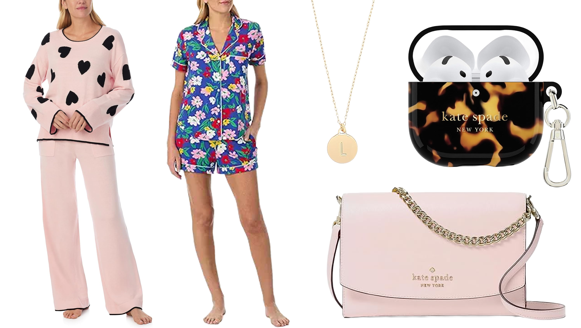Kate Spade pajamas, gold necklace, pink purse and airpod case