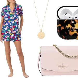Kate Spade pajamas, gold necklace, pink purse and airpod case