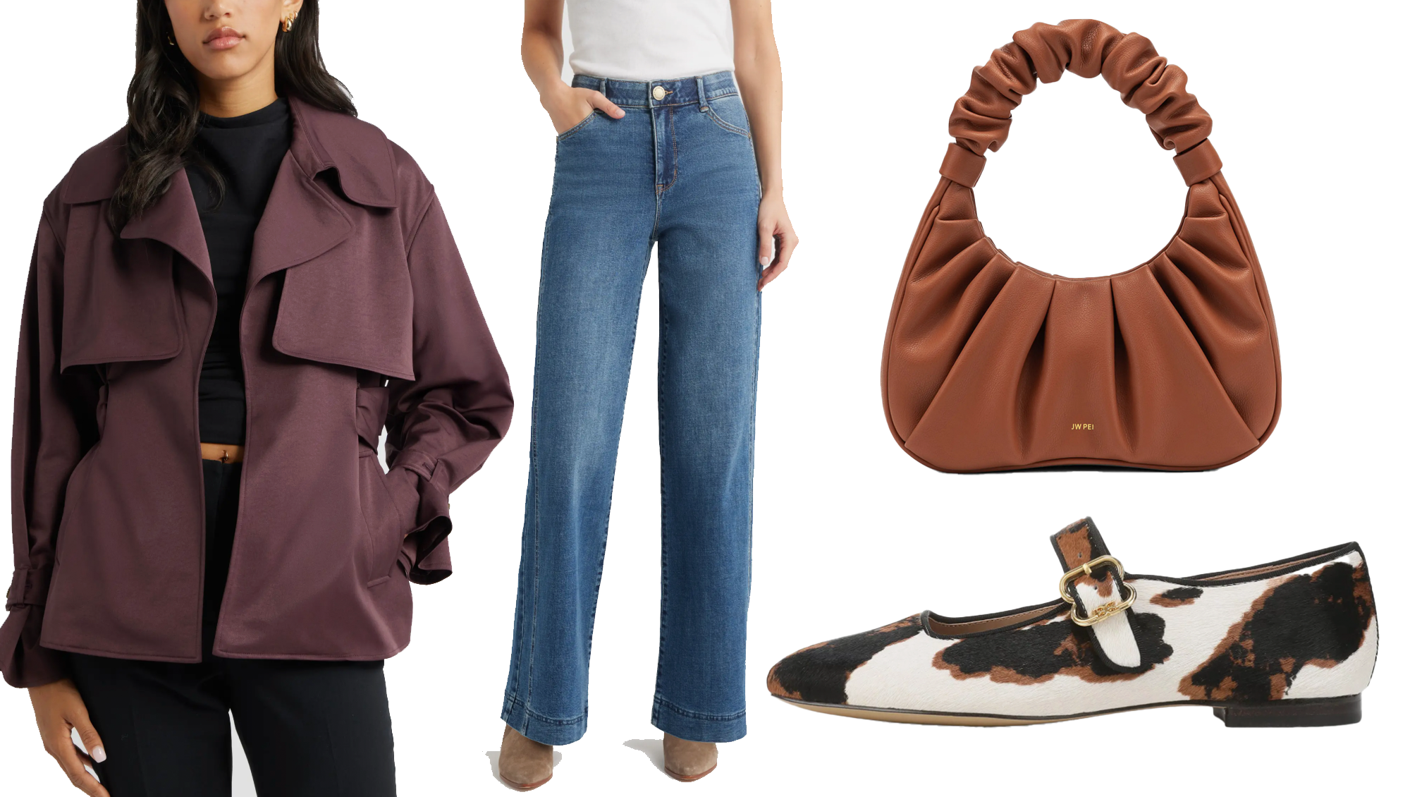 Trench, Wide Leg Jeans, Purse and Ballet Flats
