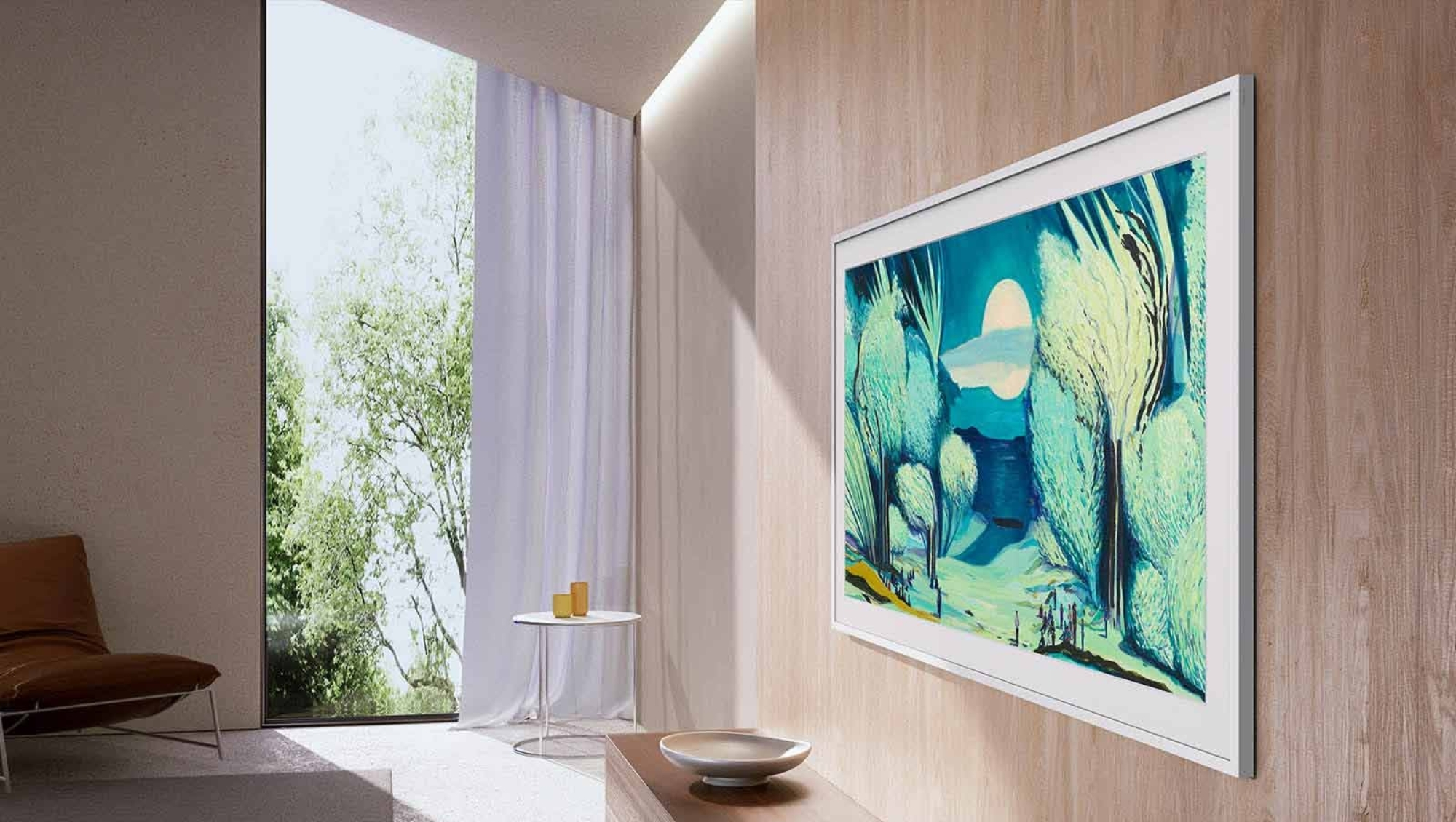 Samsung The Frame TV 65 mounted on a wall displaying artwork