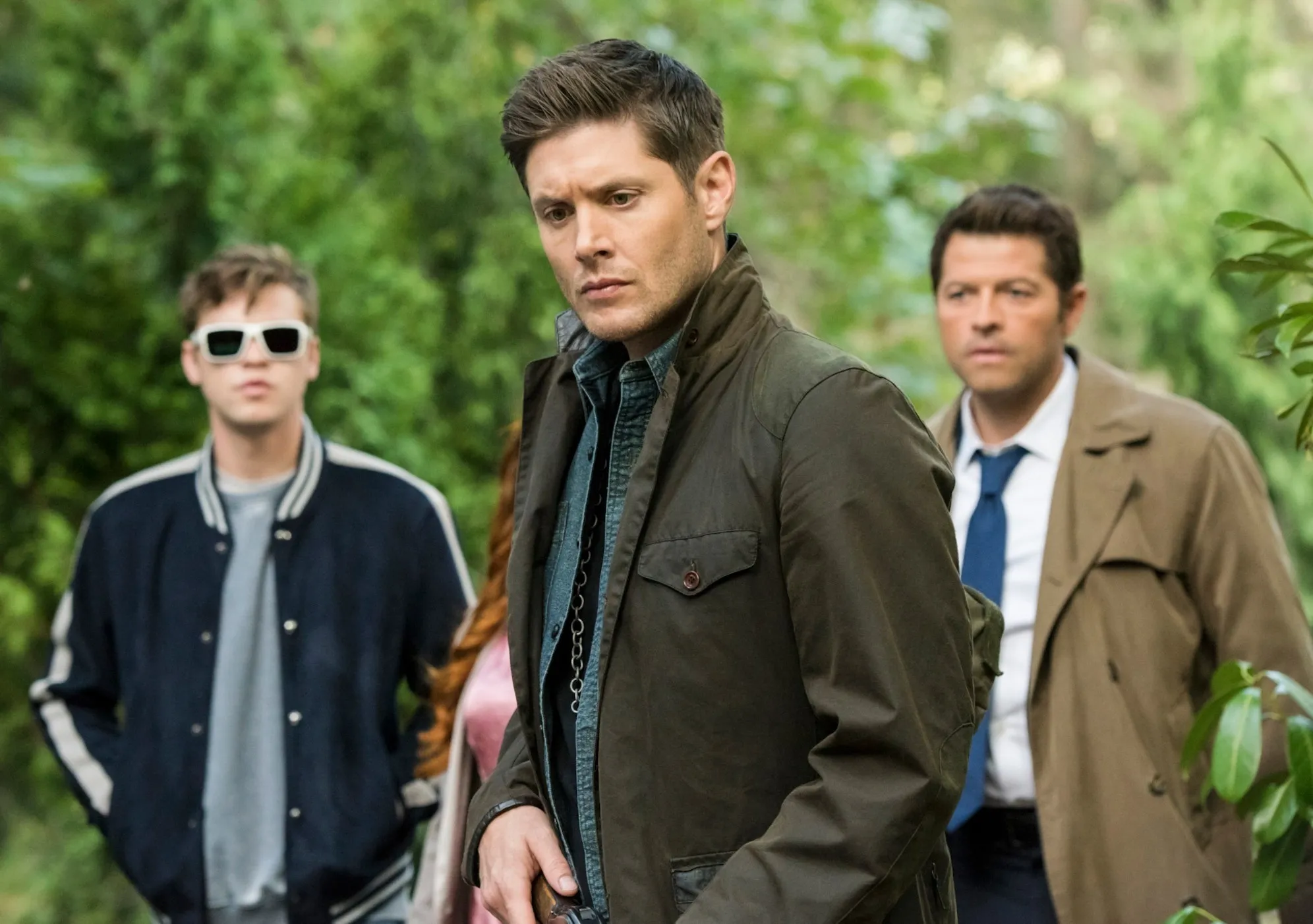 Alexander Calvert, Jensen Ackles and Misha Collins in Supernatural season 15