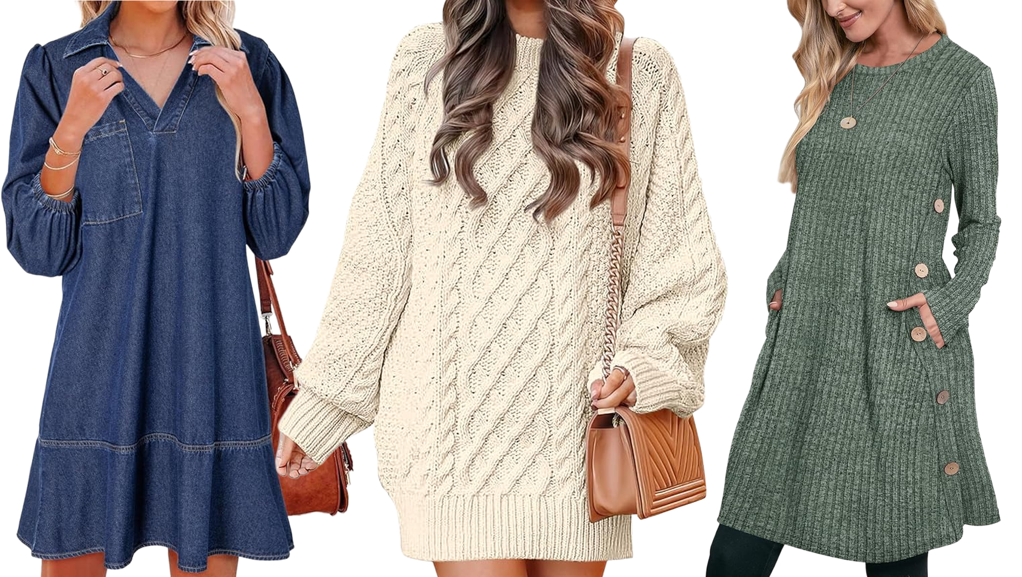Denim Dress, Cable Knit Dress and Green Knit Dress