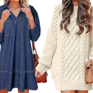 Denim Dress, Cable Knit Dress and Green Knit Dress