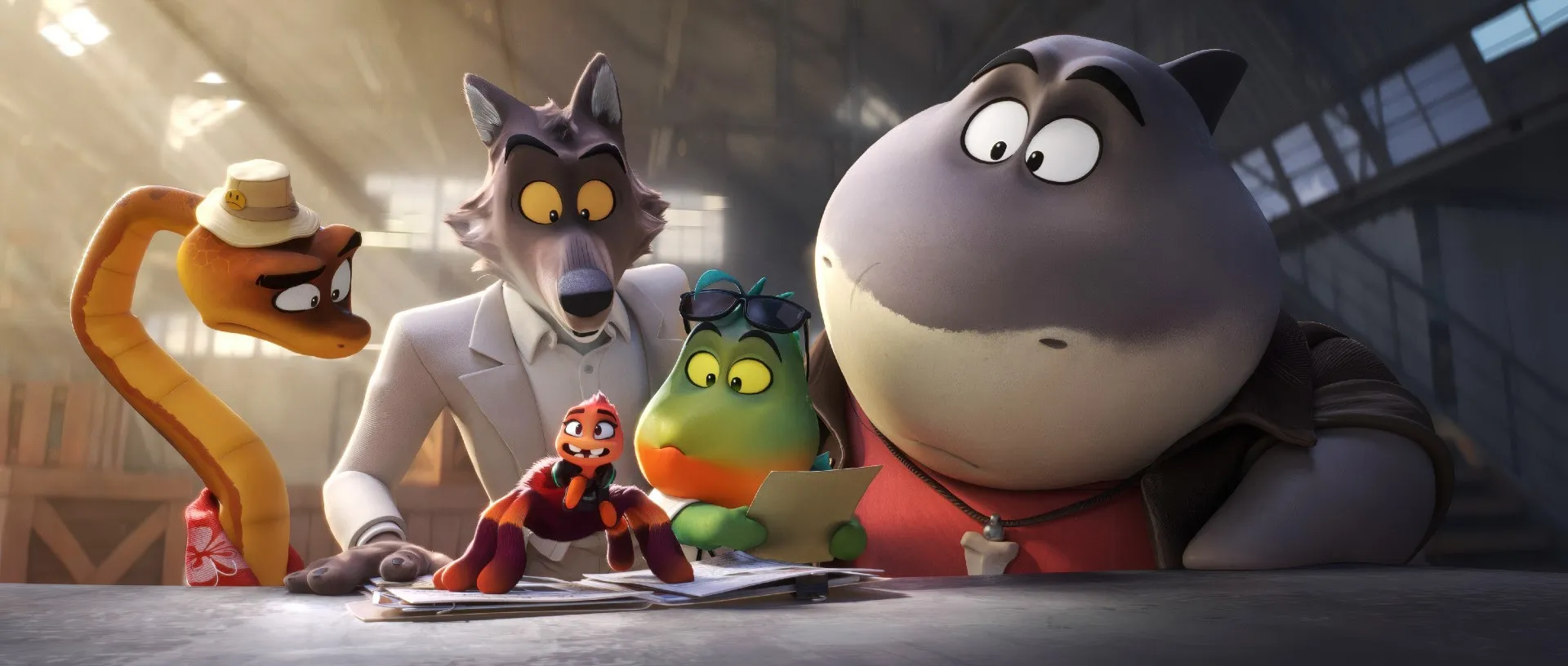 Mr. Snake (voice: Marc Maron), Mr. Wolf (voice: Sam Rockwell), Ms. Tarantula (voice: Awkwafina), Mr. Piranha (voice: Anthony Ramos), Mr. Shark (voice: Craig Robinson) in The Bad Guys 2