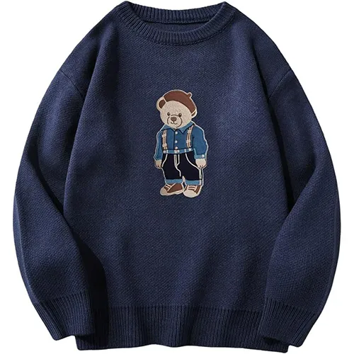 SHENHE Men's Oversized Crew Neck Cute Bear Sweater