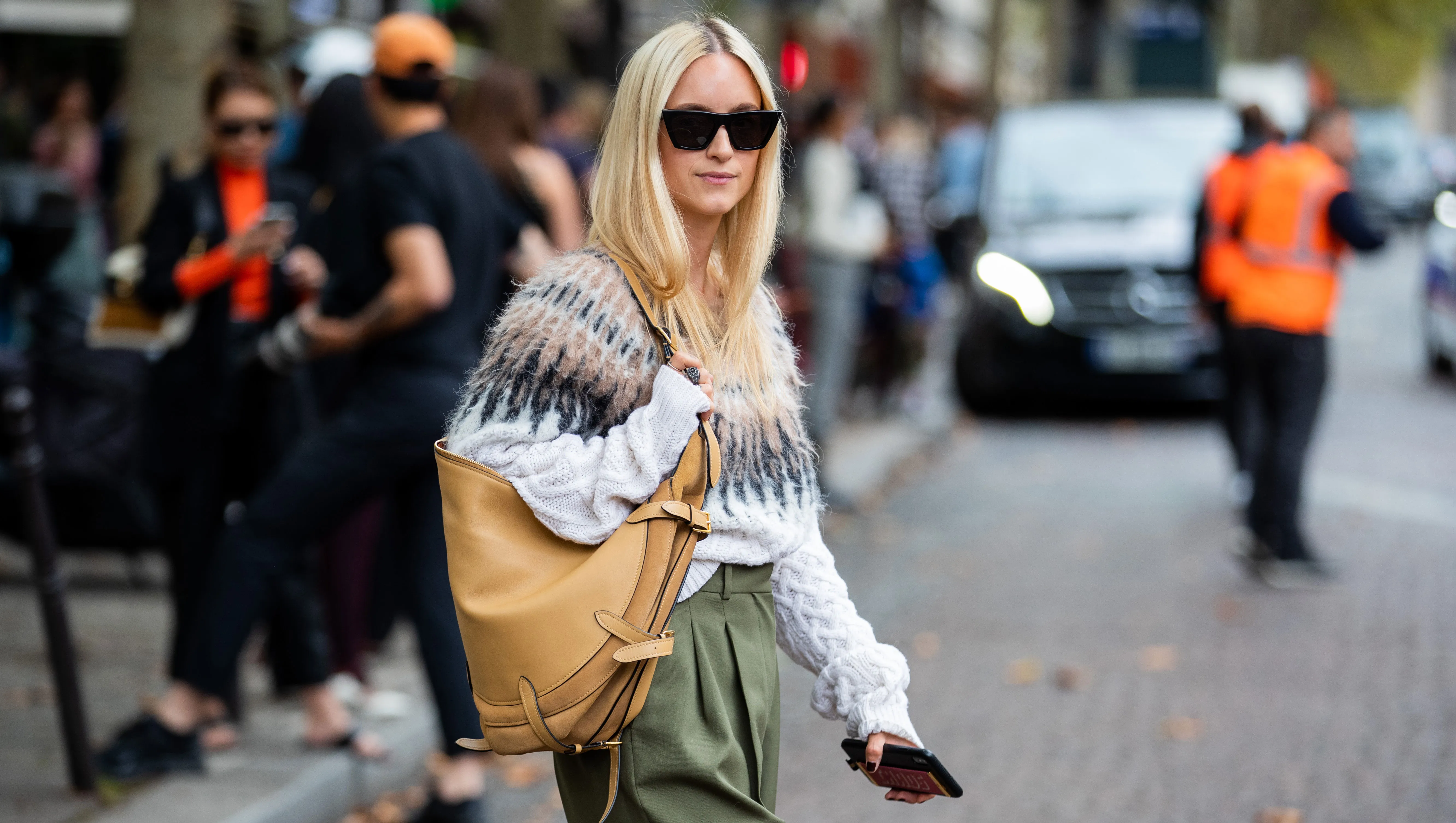 PARIS, FRANCE - SEPTEMBER 28: Charlotte Groeneveld seen wearing knit with pattern, brown bag, khaki pants outside Altuzarra during Paris Fashion Week Womenswear Spring Summer 2020 on September 28, 2019 in Paris, France. (Photo by Christian Vierig/Getty Images)