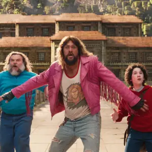 Jack Black, Jason Momoa and Sebastian Hansen in A Minecraft Movie