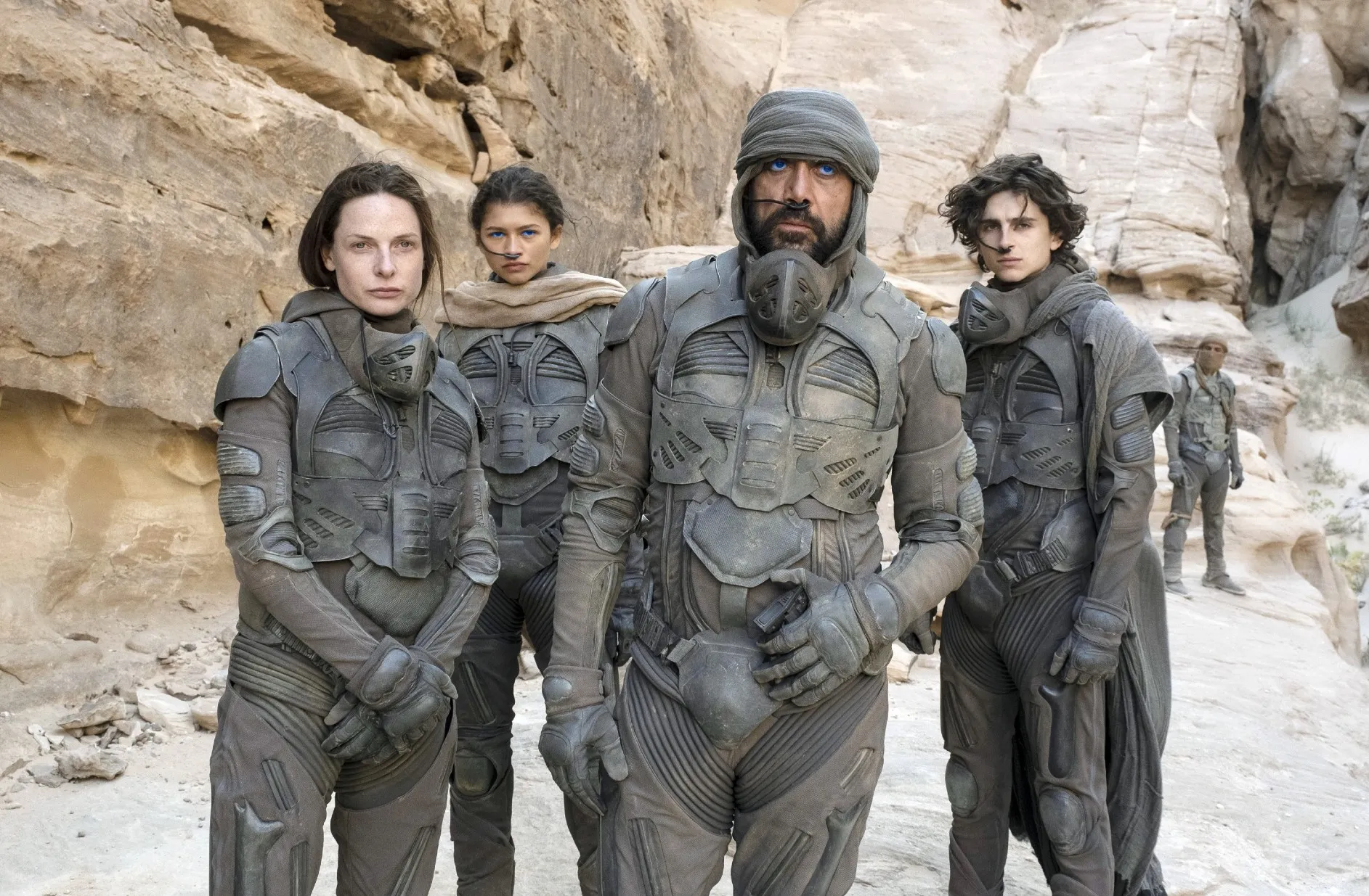 Rebecca Ferguson, Zendaya, Javier Bardem and Timothee Chalamet in Dune
