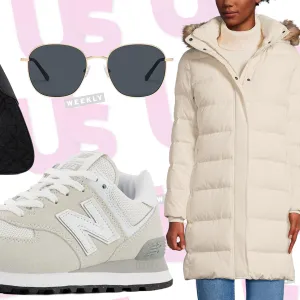 Purse, Sneakers, Sunglasses, Coat and Jeans