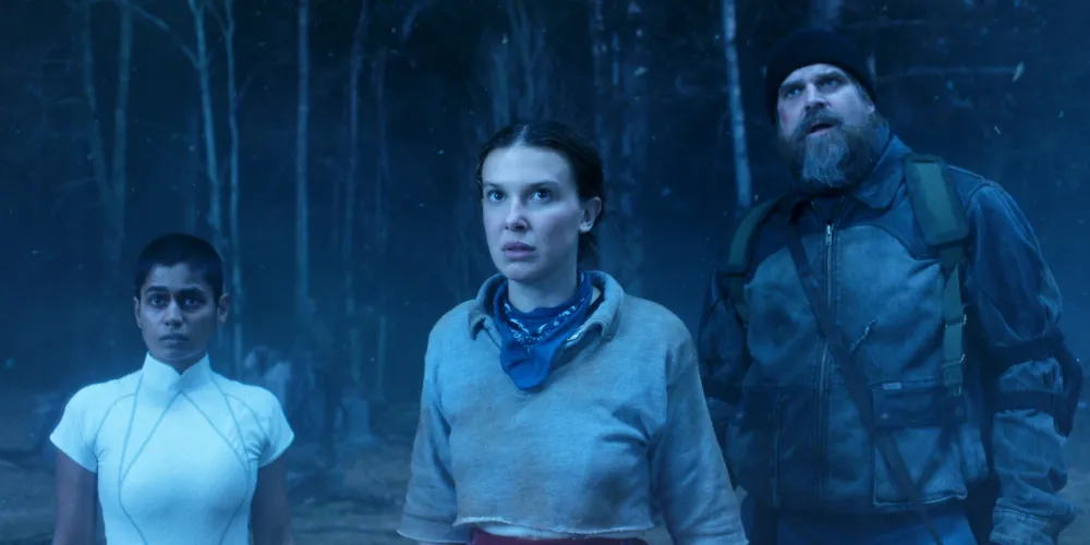 Linnea Berthelsen, Millie Bobby Brown and David Harbour in Stranger Things season 5 Volume 2