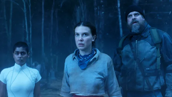 Linnea Berthelsen, Millie Bobby Brown and David Harbour in Stranger Things season 5 Volume 2