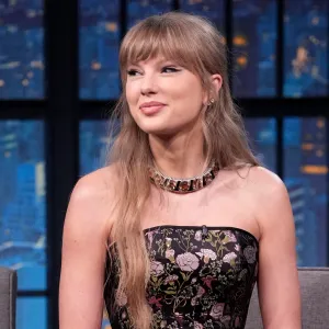 LATE NIGHT WITH SETH MEYERS -- Episode 1713 -- Pictured: Singer Taylor Swift during an interview with host Seth Meyers on October 8, 2025 -- (Photo by: Lloyd Bishop/NBC via Getty Images)