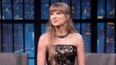 LATE NIGHT WITH SETH MEYERS -- Episode 1713 -- Pictured: Singer Taylor Swift during an interview with host Seth Meyers on October 8, 2025 -- (Photo by: Lloyd Bishop/NBC via Getty Images)