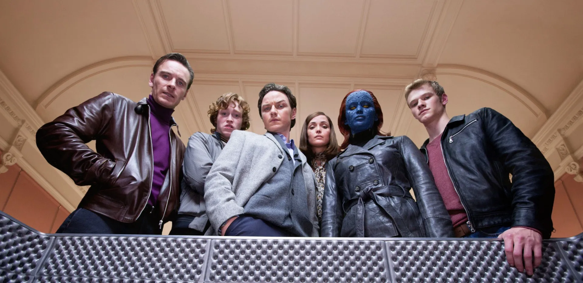 Michael Fassbender, Caleb Landry Jones, James McAvoy, Rose Byrne, Jennifer Lawrence and Lucas Till in X-Men: First Class
