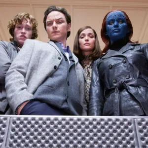 Michael Fassbender, Caleb Landry Jones, James McAvoy, Rose Byrne, Jennifer Lawrence and Lucas Till in X-Men: First Class