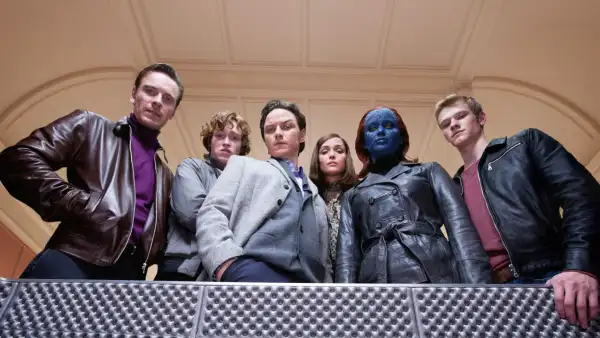 Michael Fassbender, Caleb Landry Jones, James McAvoy, Rose Byrne, Jennifer Lawrence and Lucas Till in X-Men: First Class