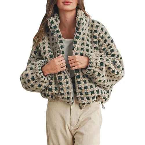 Esmeling Women&rsquo;s Long Sleeve Cropped Sherpa Fleece Plaid Jacket