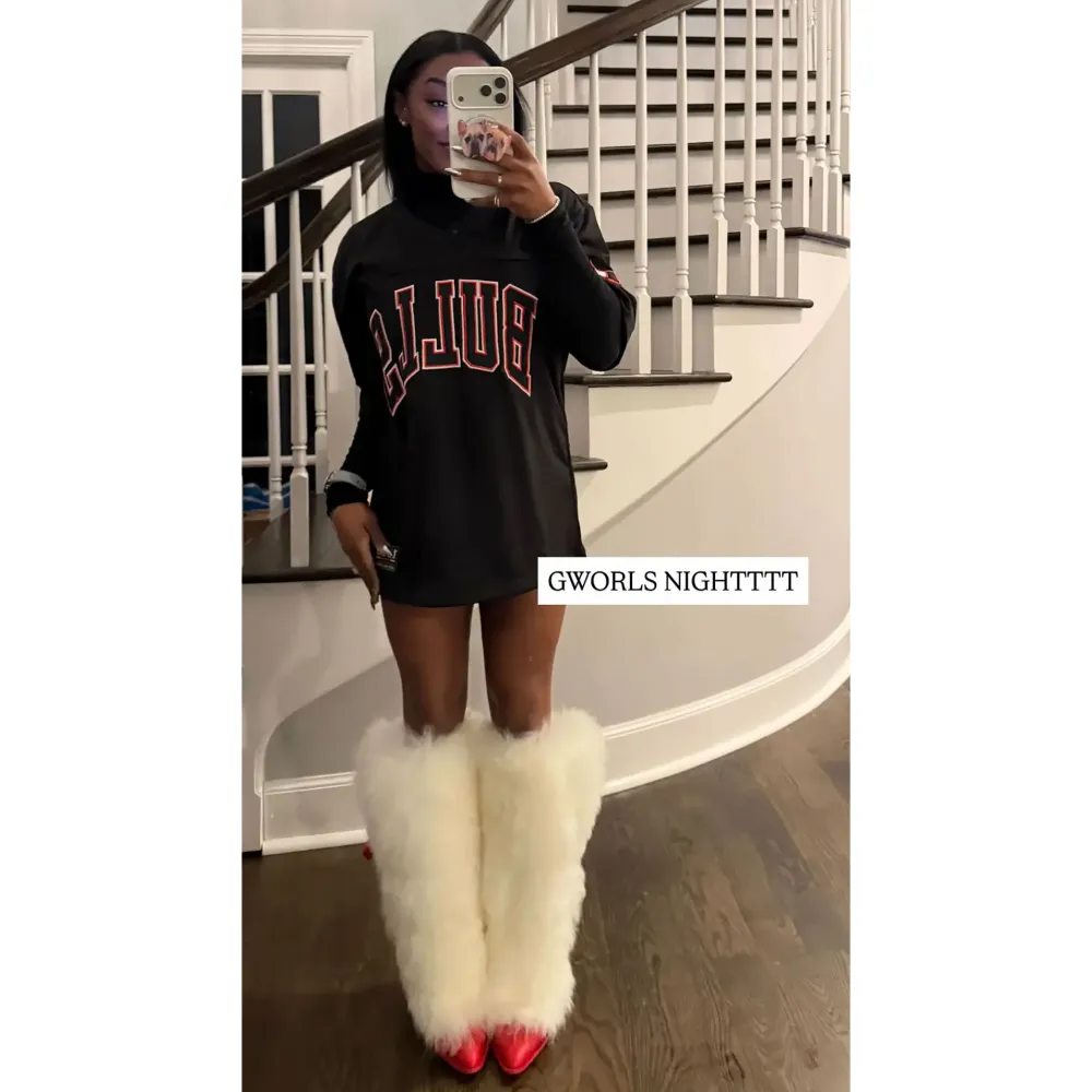 Feature Simone Biles Rocks 650 Furry Ugg Heels and Hermes Bag for NBA Girls Night Inline