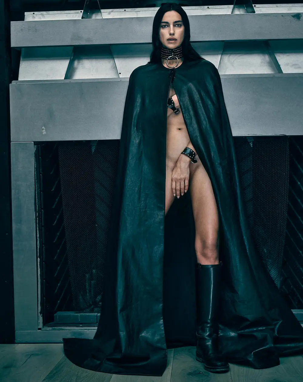 Irina Shayk Gets Naked Wearing Only a Leather Cape and Rocks a Studded Thong Bikini in Edgy V Magazine Shoot