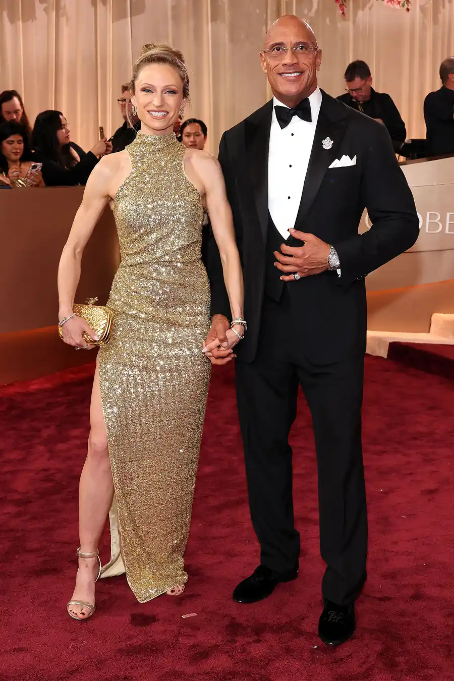 Lauren Hashian and Dwayne Johnson Red Carpet Arrival Golden Globes 2026