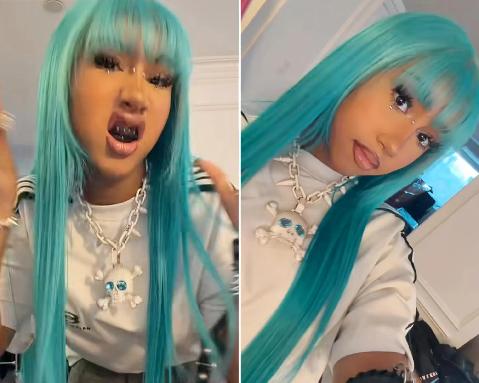 North West Debuts Bridge Piercing and Black Grills in TikTok With Her Flashy 106 Carat Necklace tg