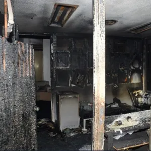 A photo shows the damage from the fire at Beth Israel Congregation