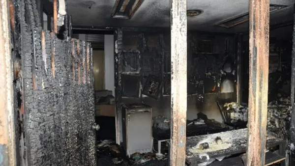 A photo shows the damage from the fire at Beth Israel Congregation