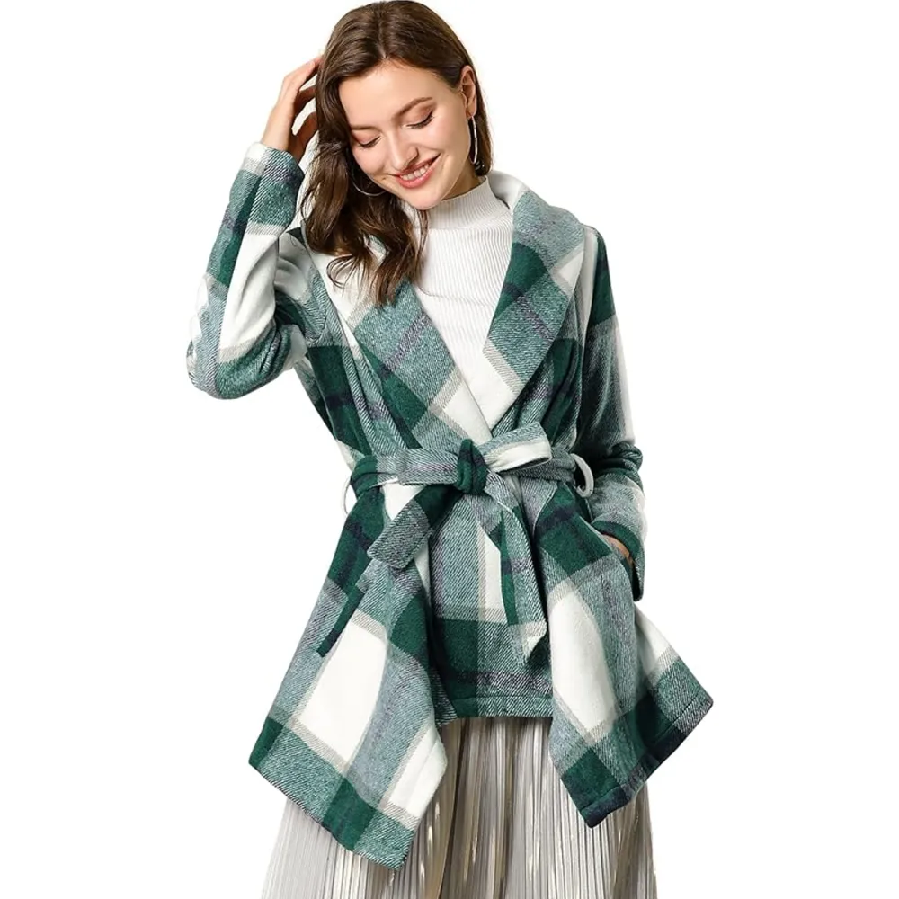 Allegra K Turn Down Collar Plaid Wrap Coat