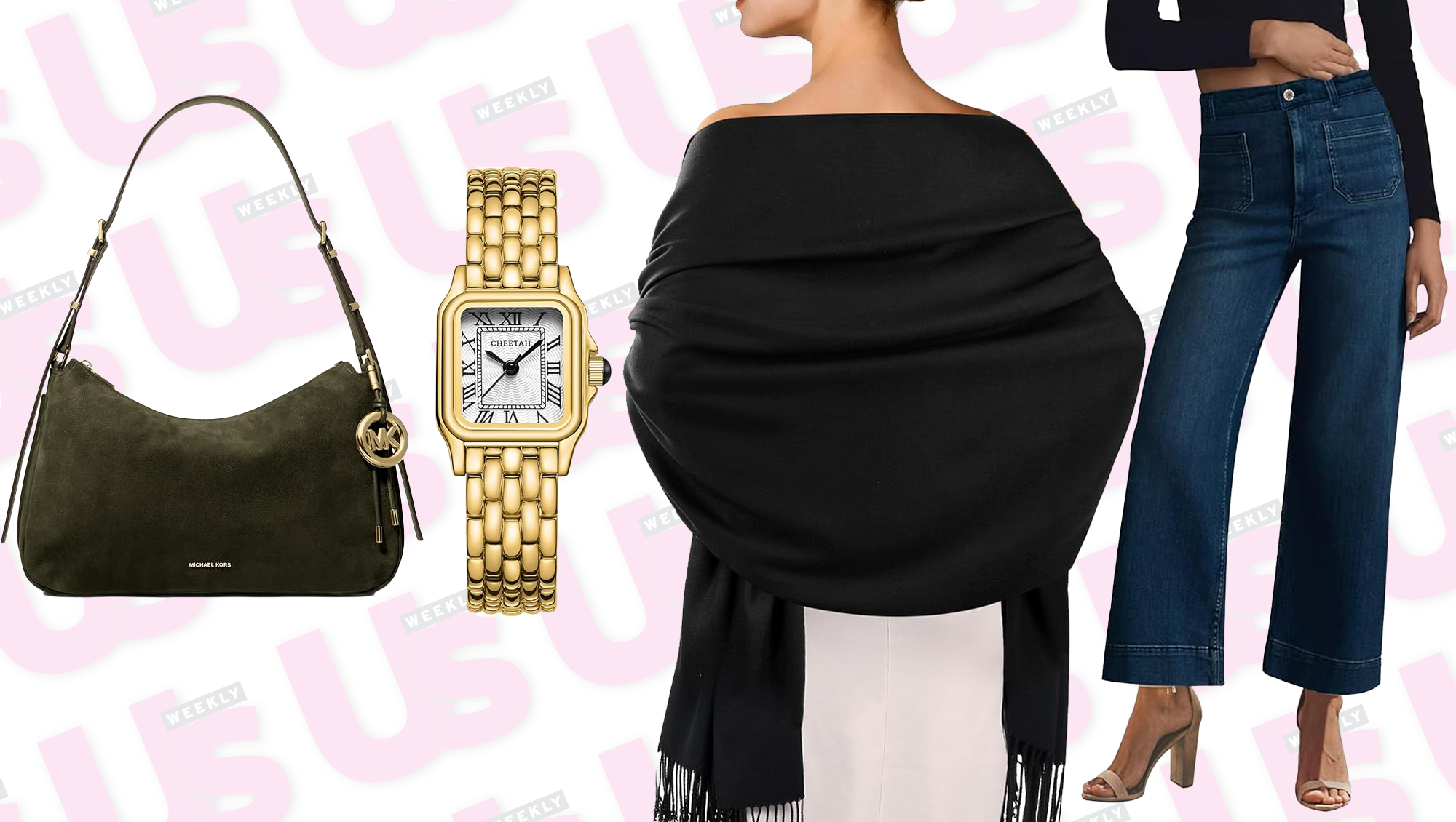 Olive Bag, Gold Watch, Black Shawl, Denim Jeans