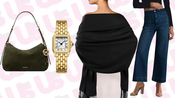 Olive Bag, Gold Watch, Black Shawl, Denim Jeans