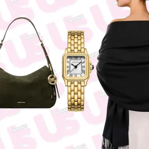 Olive Bag, Gold Watch, Black Shawl, Denim Jeans