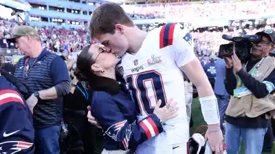 Patriots QB Drake Mayes Wife Ann Rocks Jersey Jacket Ahead of Super Bowl 2026