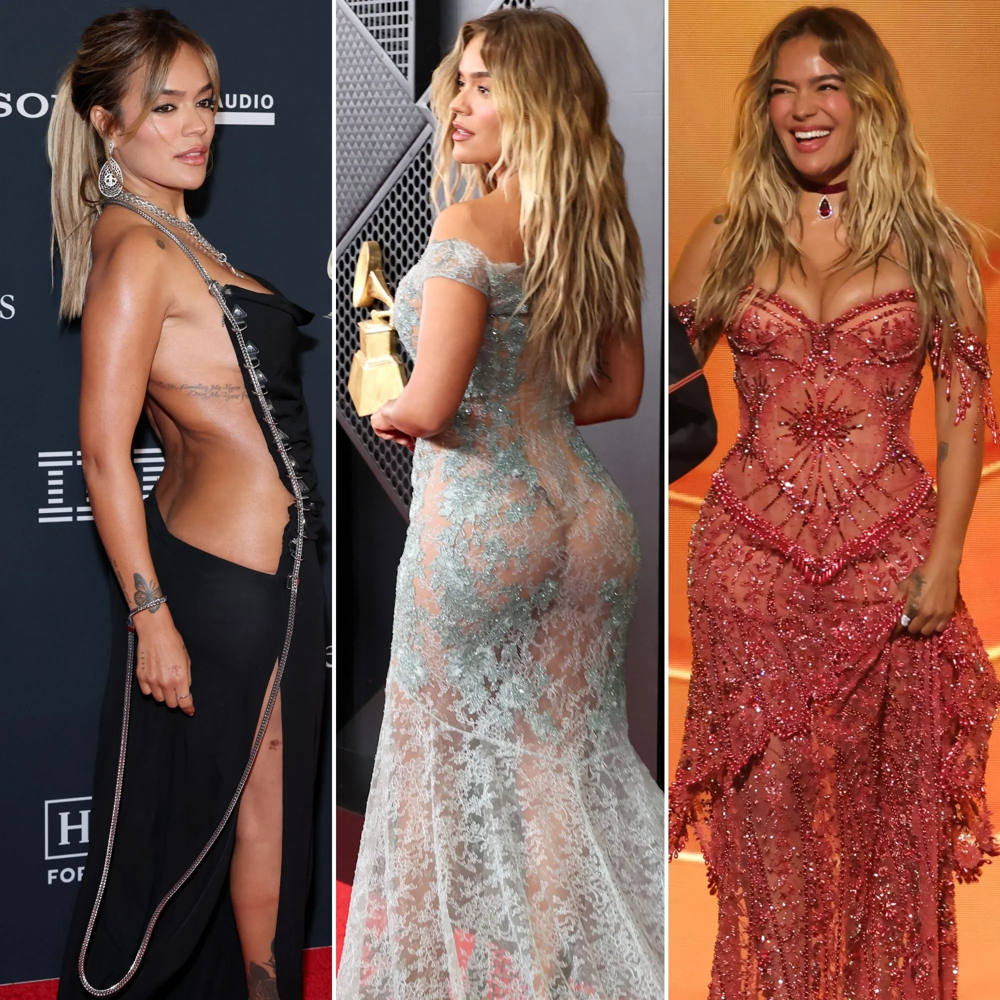 Atuendos de Karol G en los Grammys 2026.