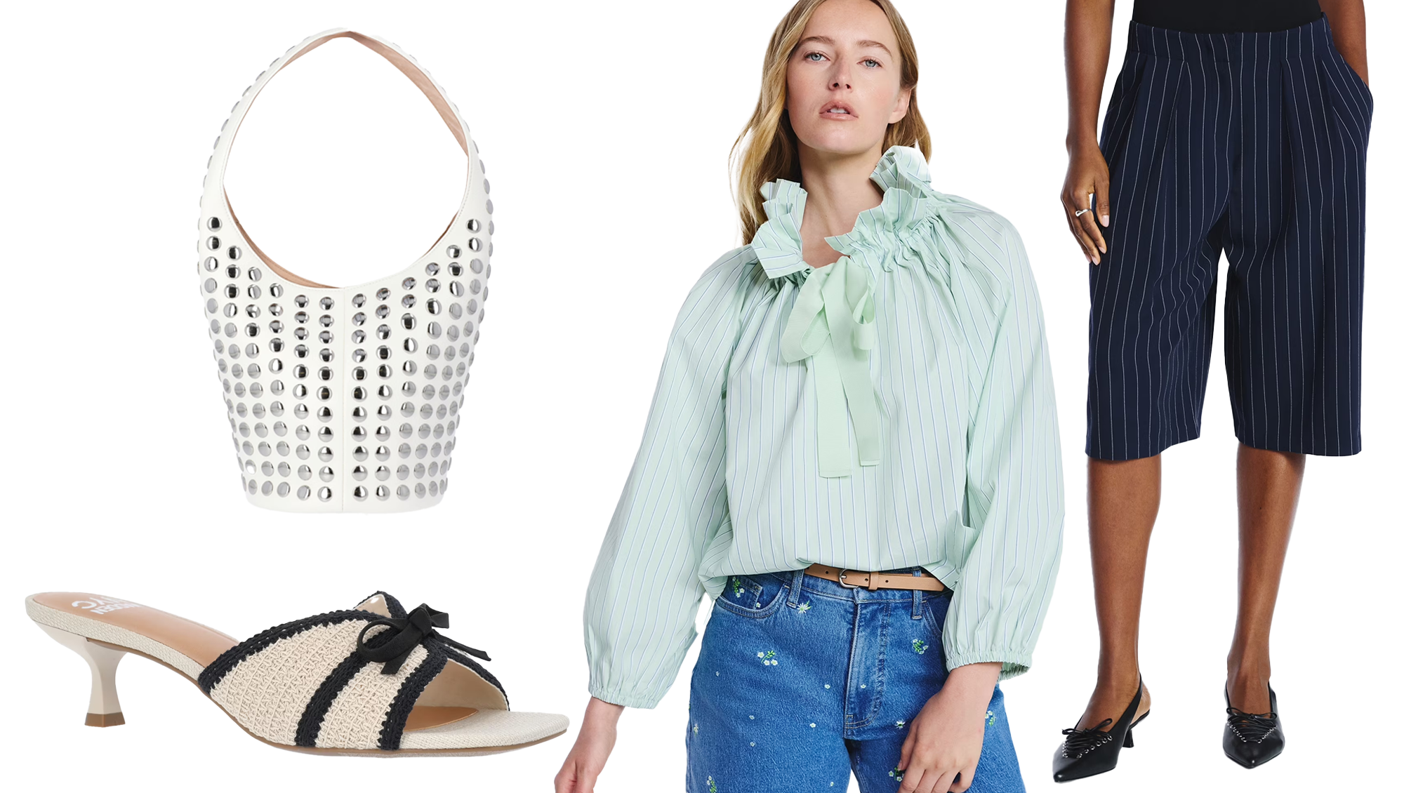 White bag, kitten heels, mint green blouse and navy blue culottes from Walmart