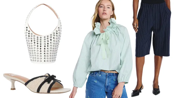 White bag, kitten heels, mint green blouse and navy blue culottes from Walmart