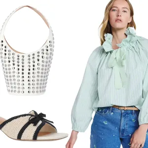 White bag, kitten heels, mint green blouse and navy blue culottes from Walmart