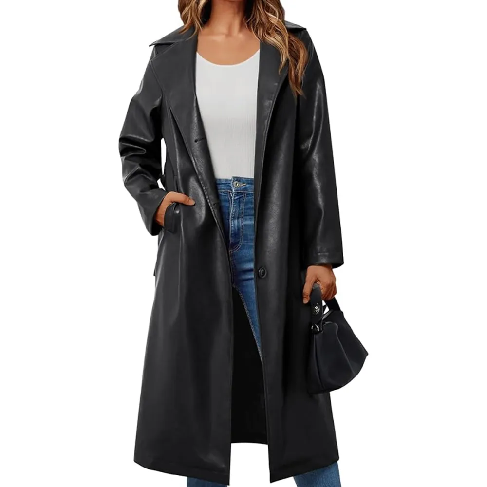 Trendy Queen Faux Leather Trench Coat