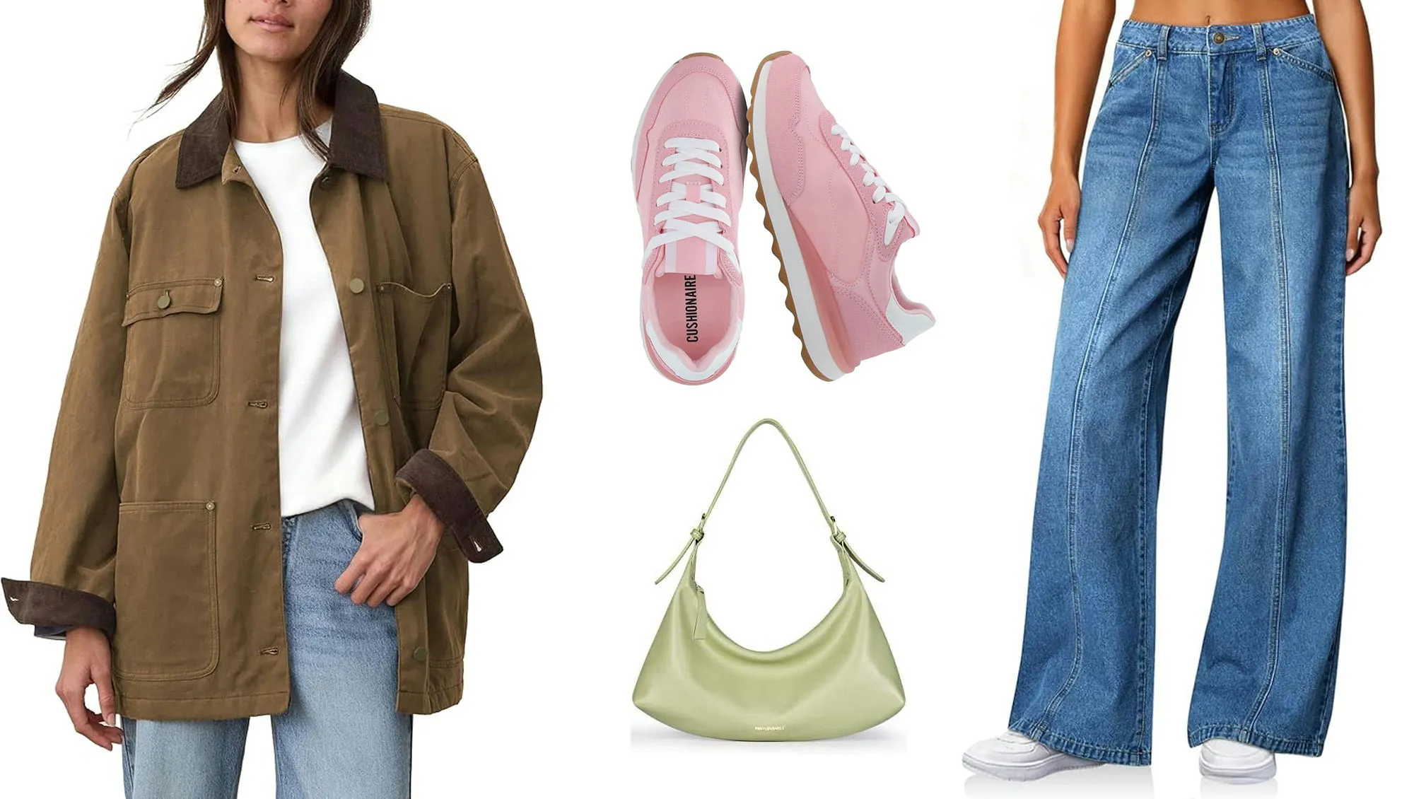 Barn Jacket, Pink Shoes, Jeans, and Sage Green Shoulder Bag