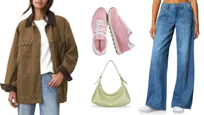 Barn Jacket, Pink Shoes, Jeans, and Sage Green Shoulder Bag