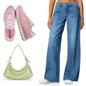 Barn Jacket, Pink Shoes, Jeans, and Sage Green Shoulder Bag