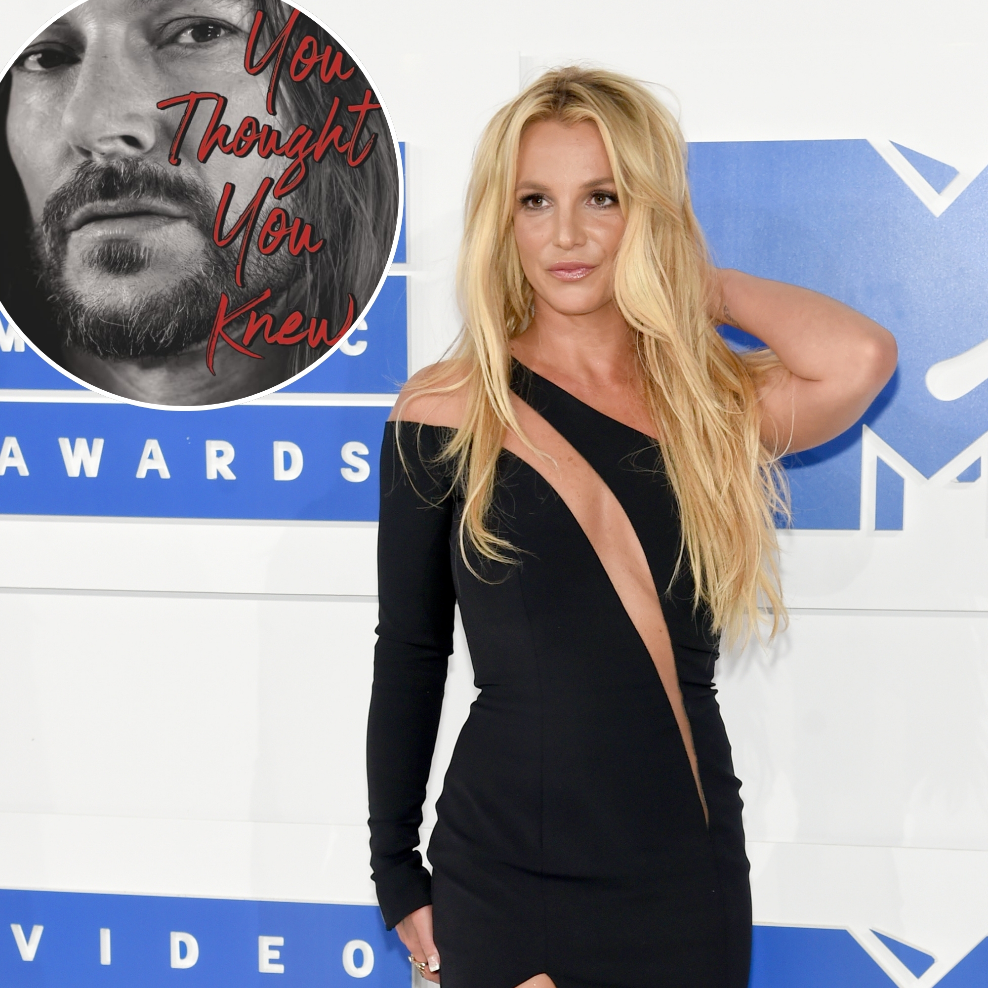 Britney Spears on a red carpet with an inset of Kevin Federline's memoir cover